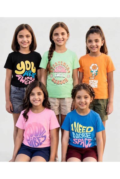Pine kids تي شيرت قطني محبوك بأكمام نصفية مع طباعة تايبوغرافية، عبوة من 5 قطع...