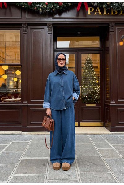 Aselim Hijap Moda Aden Asymmetrical Cut Denim Double Suit Blue