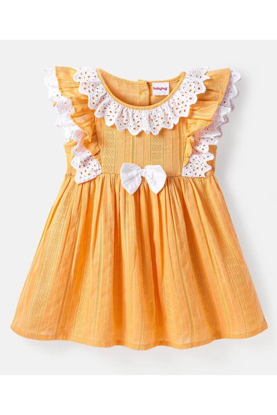 Baby Hug Babyhug Cotton Woven Half Frill Sleeves Dress with Bow Applique and ...