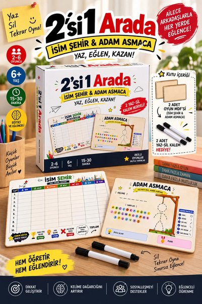 JOY SMART 2’si 1 Arada İsim Şehir & Adam Asmaca Oyunu | 2 Adet MDF Oyun Tahta...