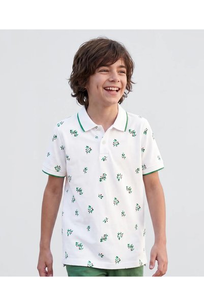 Pine kids قميص بولو قطني محبوك بطباعة زهور - أبيض