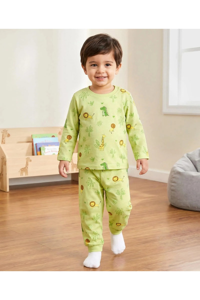 Baby Hug طقم بيجامة من القطن المحبوك بأكمام كاملة وطباعة بتصميم الغابة من بيب...