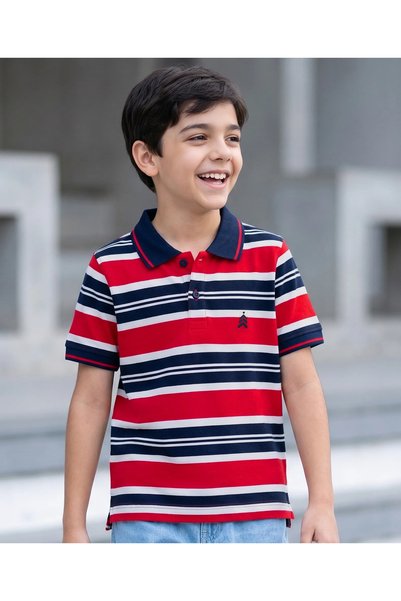 Pine kids Cotton Knit Half Sleeves Striped Polo T-Shirt - Multicolor