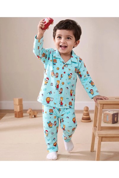 Baby Hug بيبي هاج - طقم نوم قطني محبوك بأكمام كاملة وفتحة أمامية مع طباعة حيو...