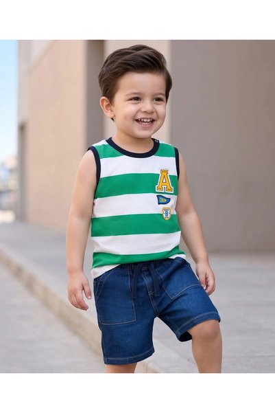Baby Hug طقم تي شيرت بدون أكمام من قماش الجيرسيه وشورت جينز من بيبي هاج مع تف...