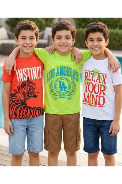 Pine kids قمصان قطنية 100% مطبوعة بشعارات ورسومات بأكمام قصيرة (عبوة من 3 قطع...