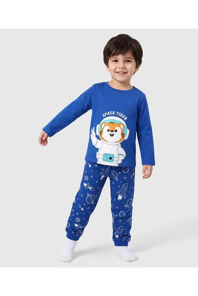 Baby Hug بيجامة قطنية محبوكة بأكمام طويلة من Babyhug بتصميم النمر والفضاء - أ...