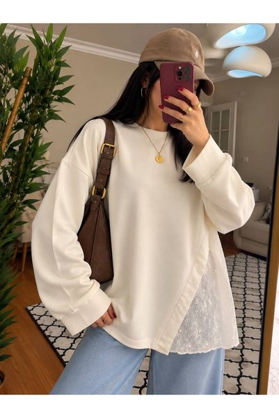 modadagiyim Women's Cream Lace Detail Casual and Comfortable Very Stylish Ove...