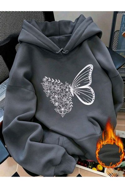 Ryam Fashionable Butterfly and Flower Printed Hooded 3-Thread Sweatshirt