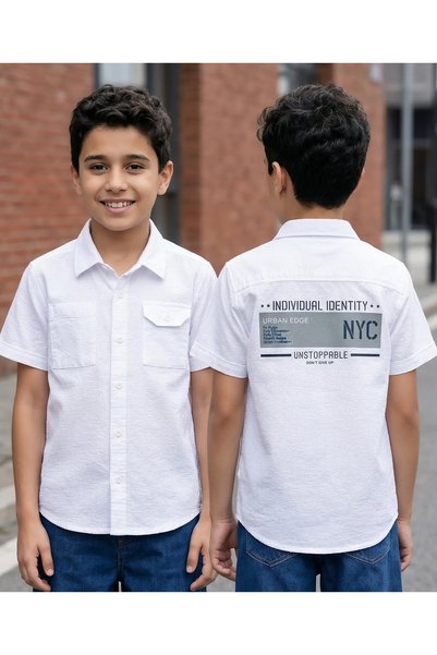 Pine kids قميص قطني منسوج مطبوع - أبيض