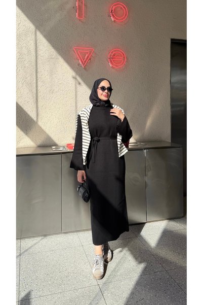 Ahel فستان تريكو بحزام خصر من سوبيا باللون الأسود