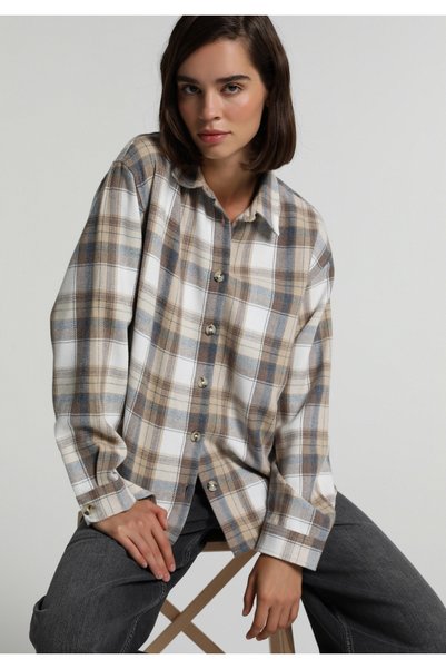 Colin's Regular Fit Shirt Neck Ekoseli Kadın Bej Uzun Kol Gömlek