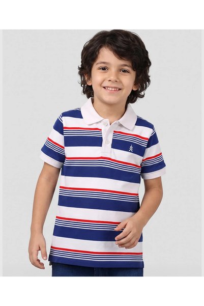 Pine kids تي شيرت قطني محبوك مخطط بياقة بولو وأكمام نصفية - متعدد الألوان متو...