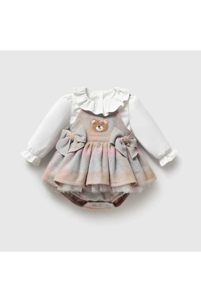 ministok Sweet Bear Plaid Patterned Teddy Bear Embroidered 2-Piece Baby Girl Set