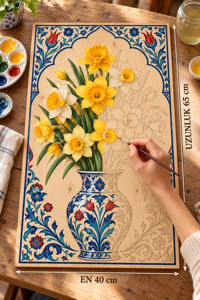 TOTTERİQ Nergis Çiçeği Çini Motifli Ahşap Boyama Panosu 40x65 cm 3 mm 12 Renk...