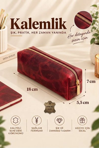 RONYA LEATHER Hakiki Deri Fermuarlı Kalemlik Anahtarlık Hediyeli