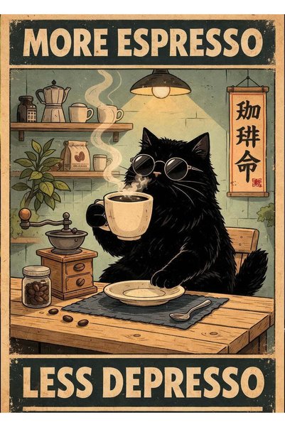 BLANKD Black Cat Drinking Espresso Coffee Metal Poster - Magnetic Wall Art Print