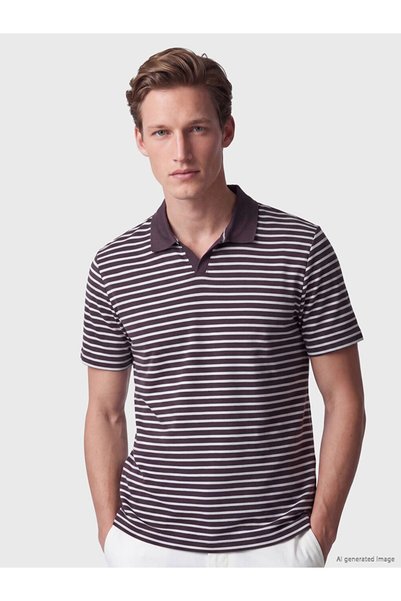 LC Waikiki Southblue Plum Interlock Striped Standard & Regular Short Sleeve M...