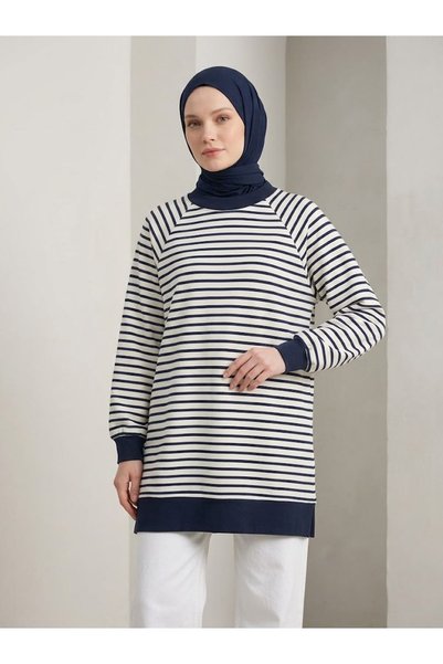 Lunsera Store تونيك مخطط بتفاصيل على الأكمام - أزرق داكن