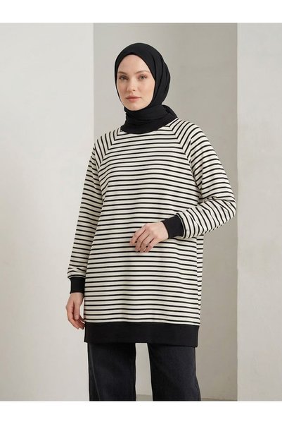 Lunsera Store تونيك مخطط بتفاصيل على الأكمام - أسود