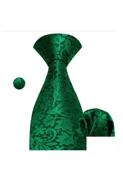 Generic Brand Set cravata matase + batista + butoni, verde, model floral, SCR104