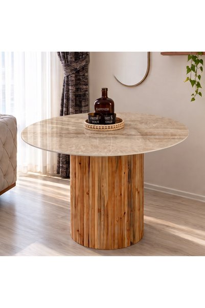 MermerMarble Porselen Yemek Masası Ahşap Ayaklı 120 cm