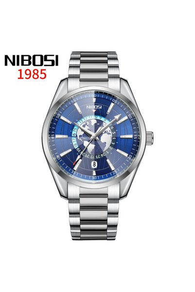 Bluejw ساعة يد رجالية كوارتز NIBOSI 2700 بتصميم الأرض، حزام فولاذي مقاوم للما...