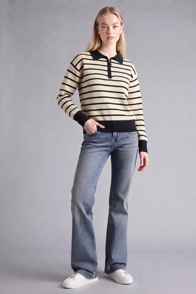 soft&basic Striped Polo Neck Knitwear Women's Sweater with Zipper