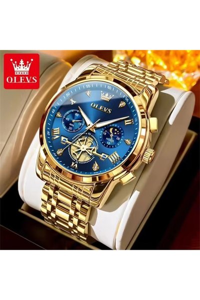 Bluejw ساعة يد رجالية OLEVS 2856 أنيقة مقاومة للماء، ساعة كوارتز ذهبية للرجال...