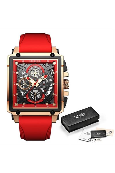 Bluejw LIGE LG8935 Black Silicone Square Watch for Men Analog Quartz Chronogr...