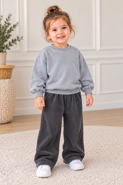 BAHNUR Unisex Kids' Gray Oversize Two-Thread Ribbed Sweatshirt and Corduroy B...
