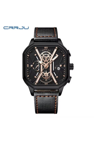 Bluejw ساعة Crrju 2313 للرجال بحزام أسود وعقارب مضيئة، ذات جودة عالية ومينا م...