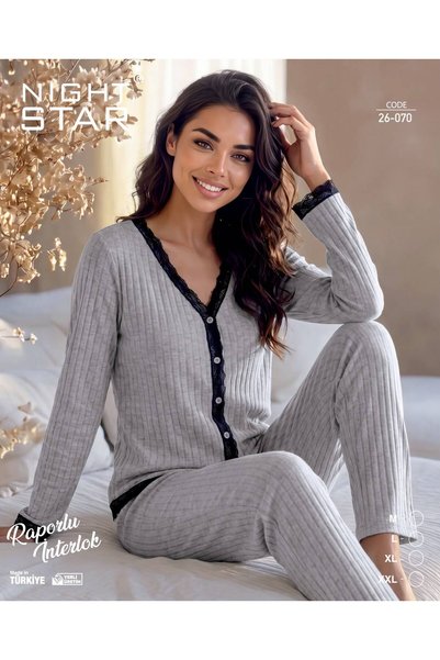 Night Star Set de pijamale gri din bumbac tricotat Roma, cu dantelă