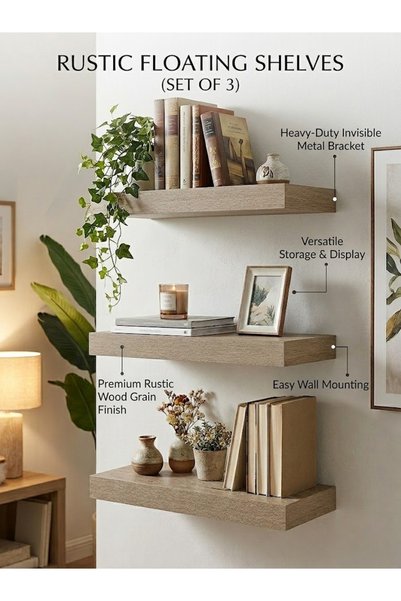 Sukoon 3 Piece Floating Shelves, Rustic Wood Wall Mounted Storage Shelf Set, ...