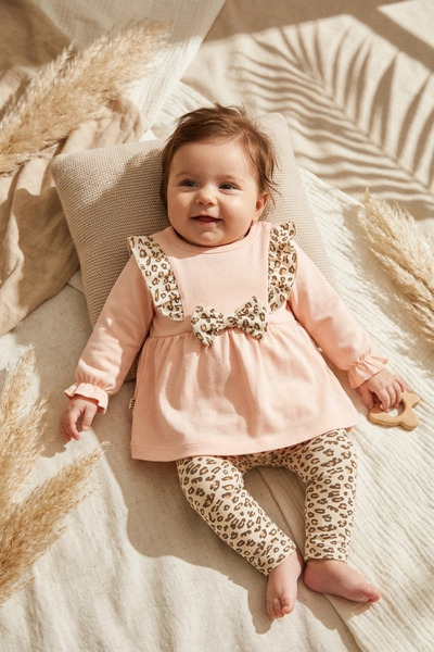 ANP MODA TASARIM Baby Girl Salmon Leopard Detail Ruffle Cotton Tunic and Legg...