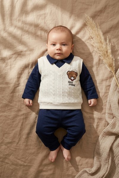 ANP MODA TASARIM Baby Boy Navy Blue Ecru Teddy Bear Embroidered 2-Piece Set |...