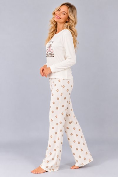 Pijamask Kadın Waffle Kumaş Baskılı Desenli Bisiklet Yaka Uzun Kollu Rahat Kesim Pijama Takımı