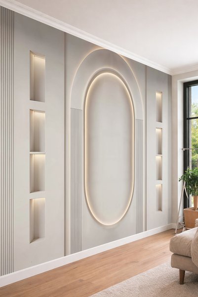 dreamwall Oval Kemer Nişi, Dikey Çıtalar ve Işıklı Raflı Tek Parça Tekstil Du...