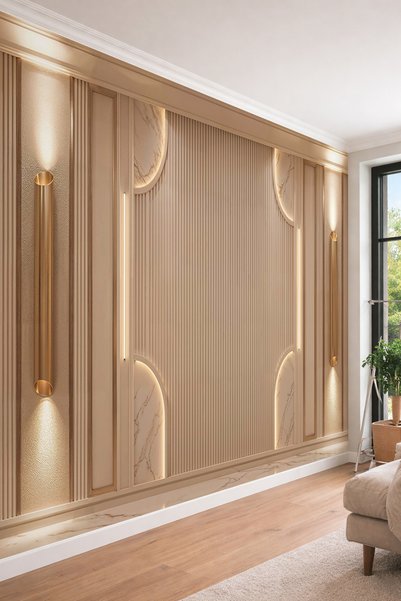dreamwall Dikey Ahşap Çıta Görünümlü , Kavisli Mermer Detaylar ve Aplik Desen...