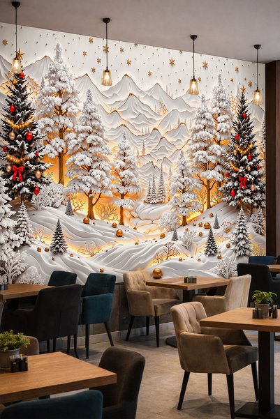 dreamwall Karlı Dağ Manzarası, Işıklandırılmış Çam Ormanı, Yılbaşı Ağaçları v...