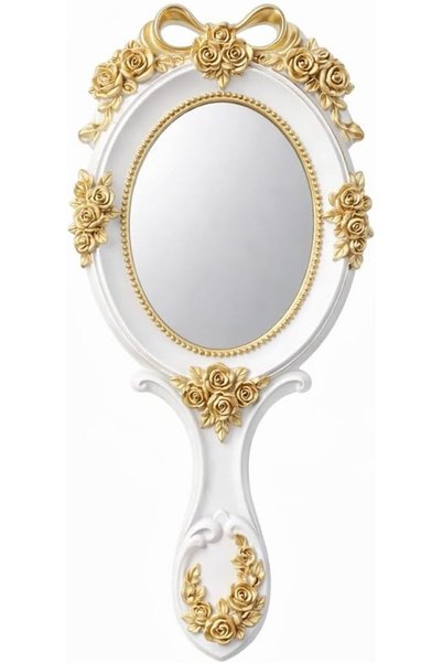 Sweet seven White Handheld Mirror, Vintage Hand-Painted Gold Rose Pattern on ...