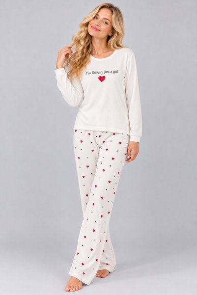 Pijamask Kadın Waffle Kumaş Baskılı Desenli Bisiklet Yaka Uzun Kollu Rahat Kesim Pijama Takımı