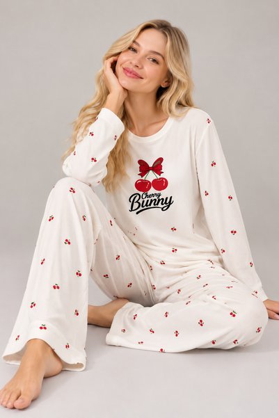 Pijamask Kadın Waffle Kumaş Baskılı Desenli Bisiklet Yaka Uzun Kollu Rahat Kesim Pijama Takımı