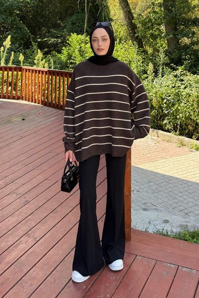 lamelif Pulover tricotat cu dungi Maro Bitter