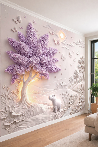 dreamwall Lila Çiçekli Ağaç, Sevimli Hipopotam ve Kabartma Desenli Tek Parça ...