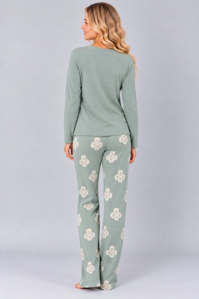 Pijamask Kadın Waffle Kumaş Baskılı Desenli Bisiklet Yaka Uzun Kollu Rahat Kesim Pijama Takımı