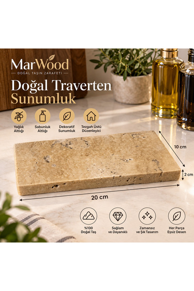 MARWOOD Doğal Traverten Mermer Sunumluk 20x10 cm – Dekoratif Yağlık Altlığı, ...