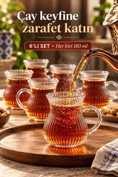 Kitchen Line Demora 6’lı Kulplu Çay Bardağı Seti 180 ml Şeffaf Çizgili Cam İn...