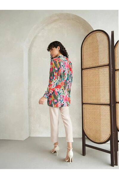 Leriya Fashion Rayon Vibrant Floral Printed Long Cuff Sleeves Button Closure Mandarin Collar Fancy S