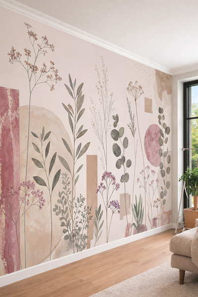 dreamwall Pembe Tonlu Soyut Leke, Okaliptüs Dalları ve Kır Çiçekleri Motifli ...
